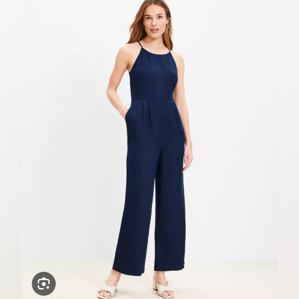 Loft Blue Linen Blend  Spaghetti Strap Front Tie Jumpsuit Size 16 Women's NWT